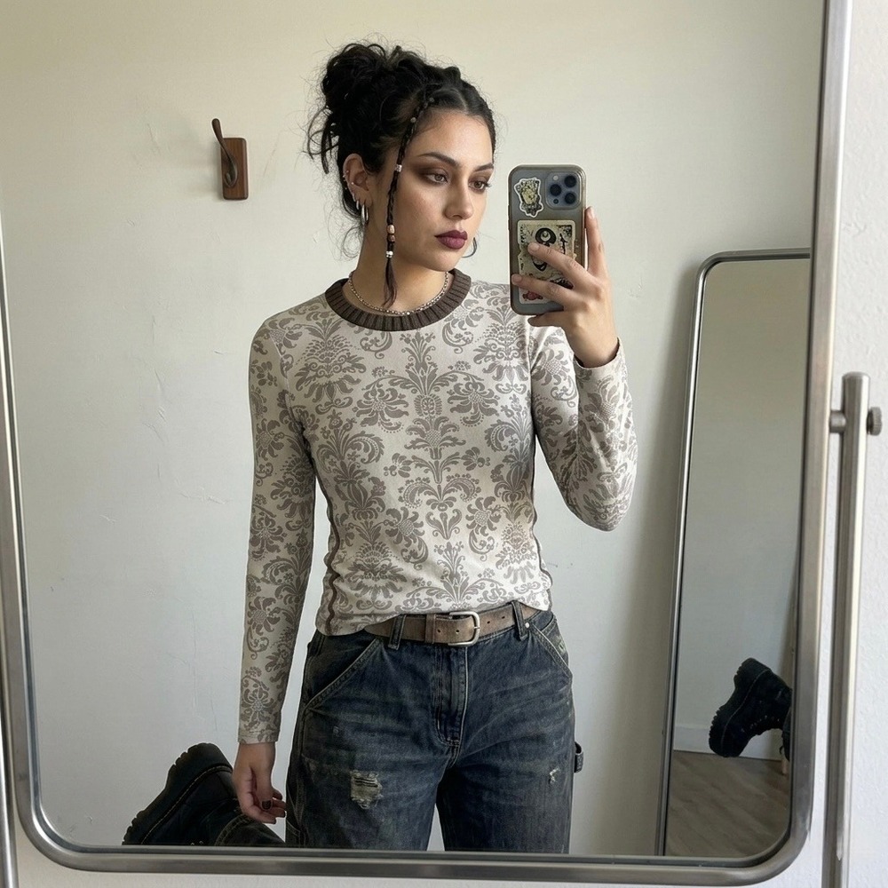 Y2k Grunge IKKS Mesh Damask Print Long Sleeve Top S Festival Streetwear